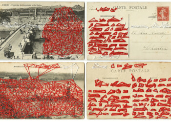 Bons baisers, broderie sur carte postale ancienne, fil rouge et blanc.