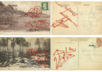 Bons baisers, broderie sur carte postale ancienne, fil rouge et blanc.