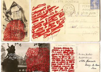 Bons baisers, broderie sur carte postale ancienne, fil rouge et blanc.