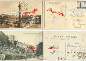 Bons baisers, broderie sur carte postale ancienne, fil rouge et blanc.