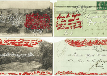Bons baisers, broderie sur carte postale ancienne, fil rouge et blanc.