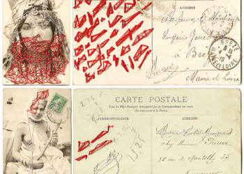 Bons baisers, broderie sur carte postale ancienne, fil rouge et blanc.