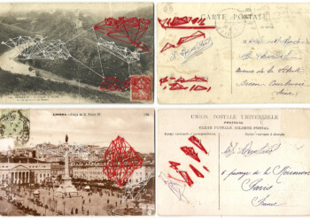 Bons baisers, broderie sur carte postale ancienne, fil rouge et blanc.