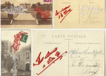 Bons baisers, broderie sur carte postale ancienne, fil rouge et blanc.