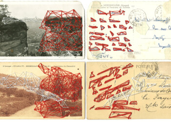 Bons baisers, broderie sur carte postale ancienne, fil rouge et blanc.