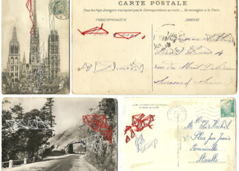 Bons baisers, broderie sur carte postale ancienne, fil rouge et blanc.