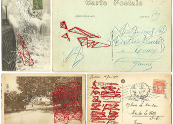 Bons baisers, broderie sur carte postale ancienne, fil rouge et blanc.