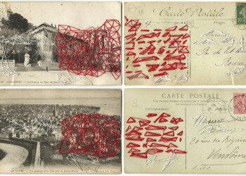 Bons baisers, broderie sur carte postale ancienne, fil rouge et blanc.