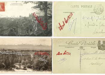 Bons baisers, broderie sur carte postale ancienne, fil rouge et blanc.