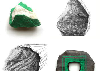Les balises, objets balisés vert fluo et dessin au fusain et feutre noir, format divers.