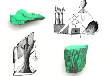 Les balises, objets balisés vert fluo et dessin au fusain et feutre noir, format divers.