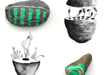Les balises, objets balisés vert fluo et dessin au fusain et feutre noir, format divers.