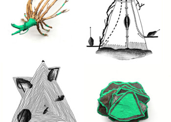 Les balises, objets balisés vert fluo et dessin au fusain et feutre noir, format divers.