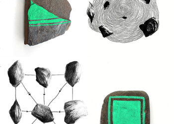 Les balises, objets balisés vert fluo et dessin au fusain et feutre noir, format divers.