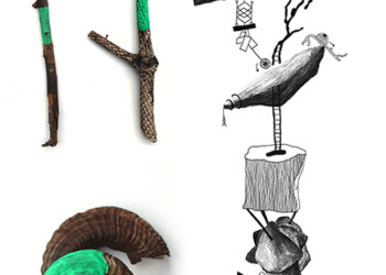 Les balises, objets balisés vert fluo et dessin au fusain et feutre noir, format divers.