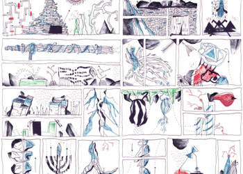 Les bandes d'observations, bleu, crayons de couleurs, fusain, tampons, formats divers.