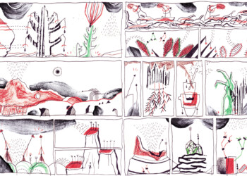 Les bandes d'observations, rouge, crayons de couleurs, fusain, tampons, formats divers.