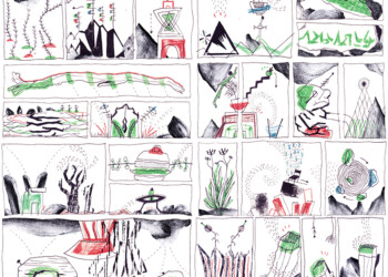Les bandes d'observations, vert, crayons de couleurs, fusain, tampons, formats divers.