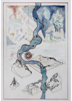 Dérive I stylo, aquarelle et papier transfert, 35 x 60 cm, 2023 © Floriane Musseau
