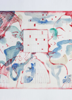 Dialogues, crayon, aquarelle et gravure, 50 x 50 cm, 2023 © Marie Tijou et Floriane Musseau