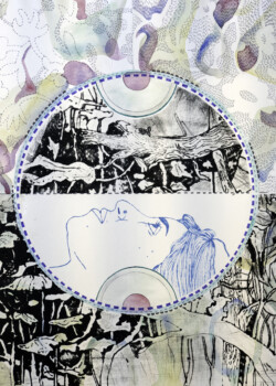Périphéries, stylo, aquarelle et gravure, 40 x 50 cm, 2023 © Marie Tijou et Floriane Musseau